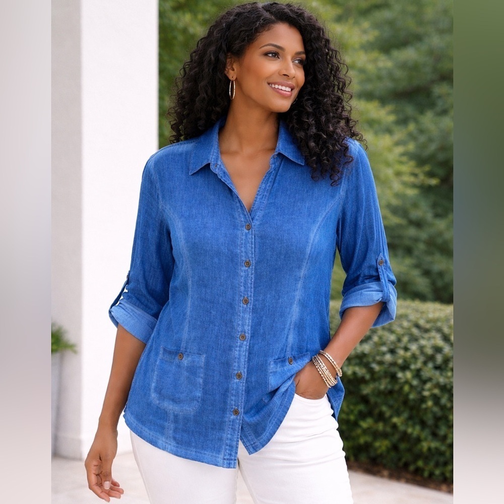 Parsley & Sage Blue Stretch Tunic Top Cotton Button Front 3/4 Sleeve Size M